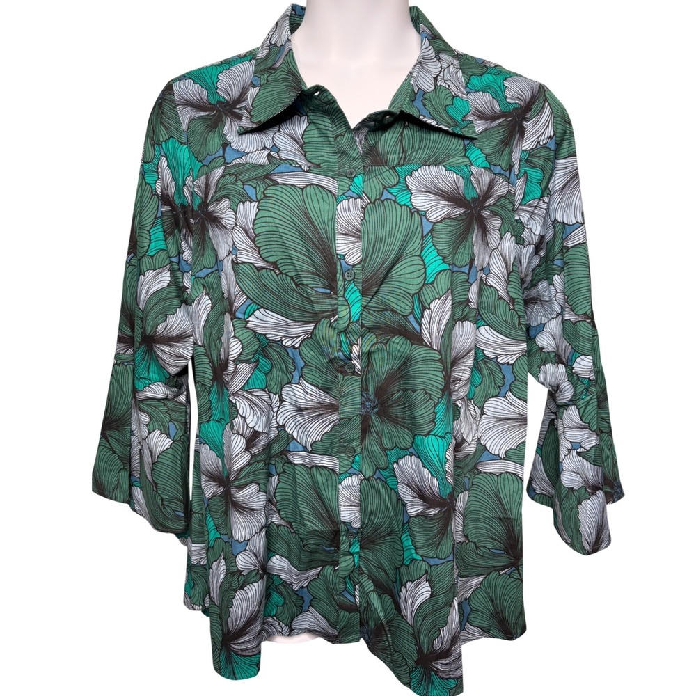 MASSEYS Green Floral Tropical Button Front Tunic Top 2X Bell Sleeve Lagenlook